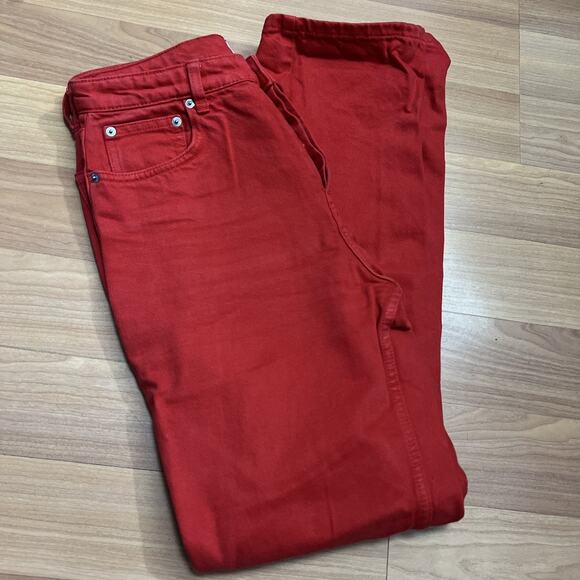 Zara Womens Button Fly Jeans Red Straight Leg High Waist Collection Size 8 - Picture 6 of 11